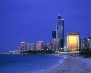 View on Abu Dhabi, United Arab Emirates, with Baynouna-Tower, in the evening